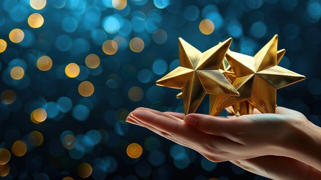 Reaching for excellence a triumphant hand gesture holding five golden star awards, symbolizing success and talent recognition