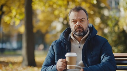 Middle-aged man with slight tremor holding cup of coffee on park bench, symbolizing struggle with Parkinson's disease, calm natural setting.