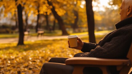 Middle-aged man with slight tremor holding cup of coffee on park bench, symbolizing struggle with Parkinson's disease, calm natural setting.