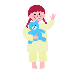 パジャマを着てクマのぬいぐるみを抱いた幼い女の子が笑顔で手を振っている全身のイラスト