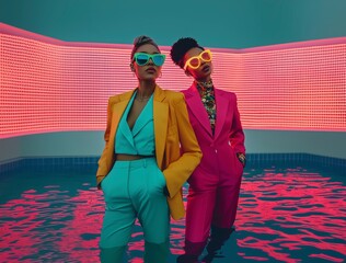 Businesswomen wearing 80's formal outfits standing in a pool of dark water. Retro fashion, corporate background