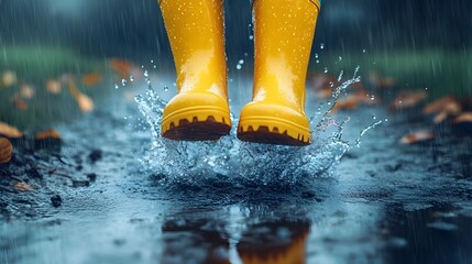 Vibrant Yellow Rain Boots Creating Dramatic Water Splashes in Overcast Storm