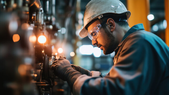 marine engineer is focused on examining rusted machine in factory, showcasing dedication and expertise in challenging environment