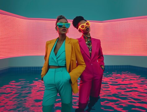 Businesswomen wearing 80's formal outfits standing in a pool of dark water. Retro fashion, corporate background