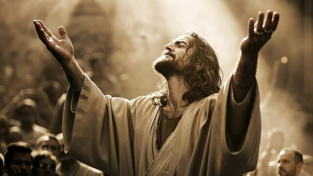 Jesus Christ leading a prayer in front of a vast crowd, his voice filled with compassion and love.