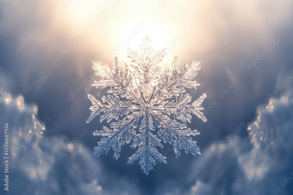 Poster delicate snowflakes with intricate designs are spotlighted by soft light against a cloudy winter bac