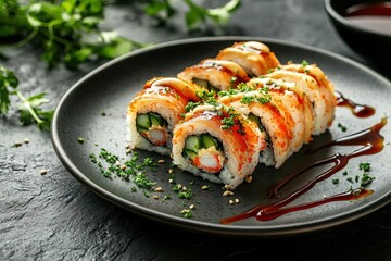 A high-resolution shot of a beautifully arranged plate of sushi on a dark slate Generative AI