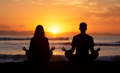 Couple meditating on beach at sunrise with ocean waves in the background