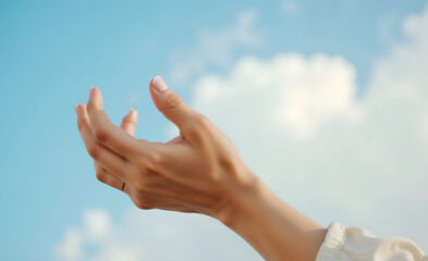 Hand reaching towards the sky with clouds in a blue background representing freedom and hope