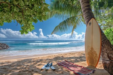 Bright surfboard leaning against a palm tree on a sandy beach overlooking the sea