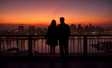 Fototapeta premium Couple silhouetted against a vibrant sunset overlooking a city skyline