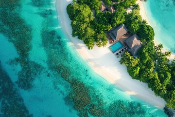 A small sandy island located in the middle of a calm sea, clear turquoise sea water