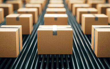 Fototapeta premium A series of identical cardboard boxes lined up on a conveyor belt, ready for shipping or distribution.
