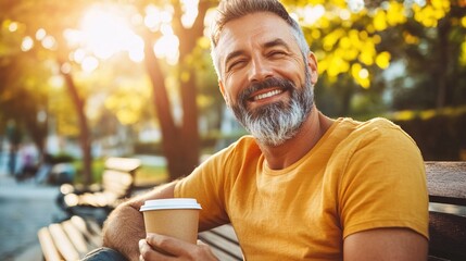 Middle-aged man with slight tremor holding cup of coffee on park bench, symbolizing struggle with Parkinson's disease, calm natural setting.