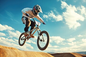 Skillful mountain bike cyclist performing straight air jump Generative AI