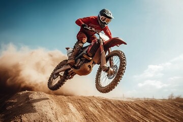 Extreme motocross jump Rider riding in action on dirt track desert Generative AI
