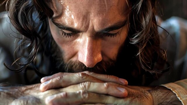 Jesus with his hands on a Bible, eyes closed, in a moment of silent prayer.