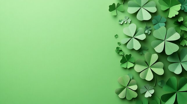 Modern St Patrick's Day banner featuring minimalist paper art clovers on a fresh green background designed with copy space for adding cheerful holiday messages