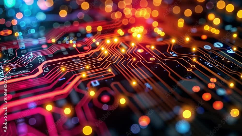 Poster The circuit board features detailed pathways and vibrant lights, highlighting the complexity of technology. This close-up captures the essence of modern electronics illuminated in a dark setting.