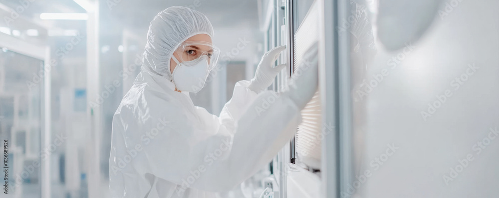 Wall mural technician in cleanroom environment is carefully replacing air filters while wearing protective gear