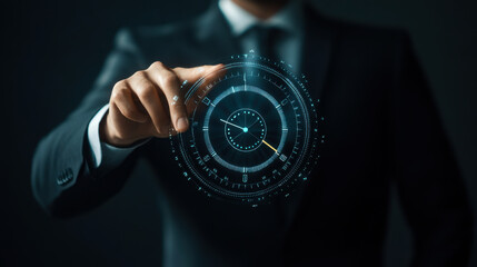 Business professional interacting with futuristic time management interface in a dark environment