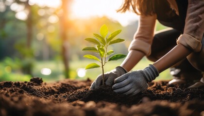A close-up of hands planting a small tree in rich soil, symbolizing growth and renewal