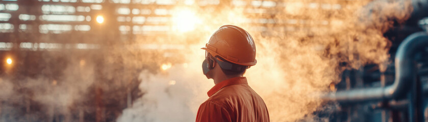worker in orange safety uniform and helmet stands in smoky industrial environment, observing surroundings with focus and determination. warm light creates dramatic atmosphere