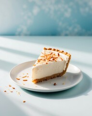 Creamy coconut cream pie on blue background.