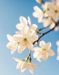 White Lilac Flowers in Sunlight on Blue Background.