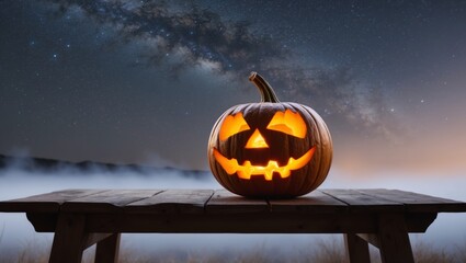 A clearer night sky image backgrounds a carved pumpkin atop a table.