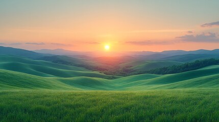 Obraz premium Panoramic view of expansive green grass stretching towards the horizon bathed in the soft light of a stunning sunset The colors blend seamlessly evoking a sense of renewal and tranquility