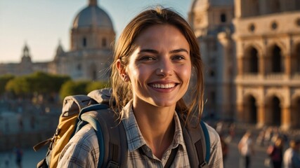 Fototapeta premium The woman is a traveler, she is happy and smiling. She has visited different parts of the world and has a life full of experience.