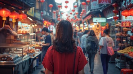 Obraz premium Woman Walking Through a Chinese Street Market