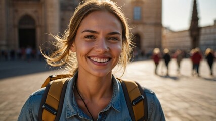 A smiling woman tourist standing in front of a city skyline, capturing the joy of travel and adventure against an urban backdrop