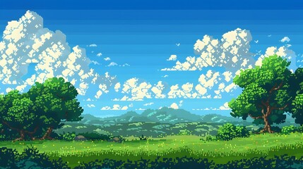Fototapeta premium Pixel Art Landscape of Mountains with Clear Sky and Clouds