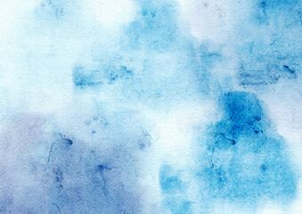 Soft blue, purple shades watercolor paper textured illustration for grunge design, vintage postcard, retro templates. Soft pastel colors wet effect hand painted canvas watercolor background.