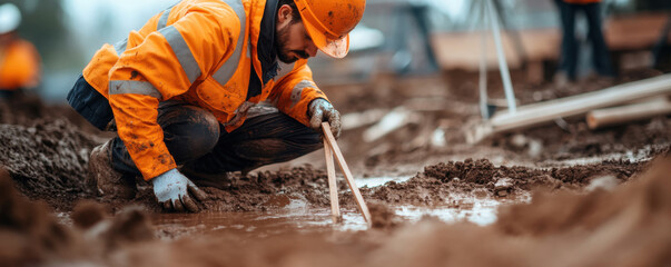 geotechnical engineer in orange safety jacket is carefully assessing soil stability at construction site, demonstrating professionalism and focus