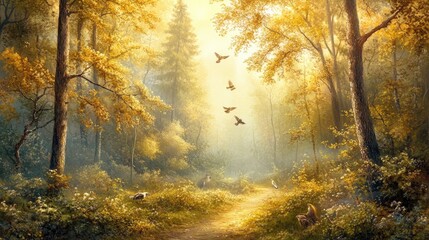 Obraz premium The quiet forest atmosphere is filled with the sounds of small animals.