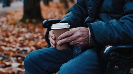 Middle-aged man with slight tremor holding cup of coffee on park bench, symbolizing struggle with Parkinson's disease, calm natural setting.