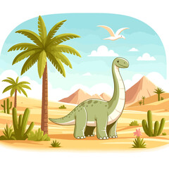 A cartoon dinosaur is standing in a desert with a palm tree