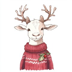 Festive goat wearing a cozy sweater with holly decoration