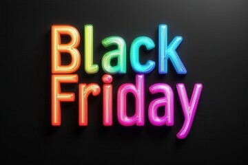 Glowing neon Black Friday concept in digital marketing design. Colorful neon text displaying "Black Friday" on a dark background symbolizing holiday shopping and sales events