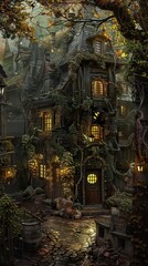 Fototapeta premium Enchanted Cottage in the Forest: A Whimsical Nighttime Scene
