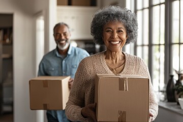 An African American senior couple smiling while carrying cardboard boxes in their new home. This image can be used for concepts related to moving, new beginnings, and senior living.