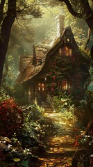 Fototapeta premium Enchanted Cottage in a Sunlit Forest - Dreamy Landscape