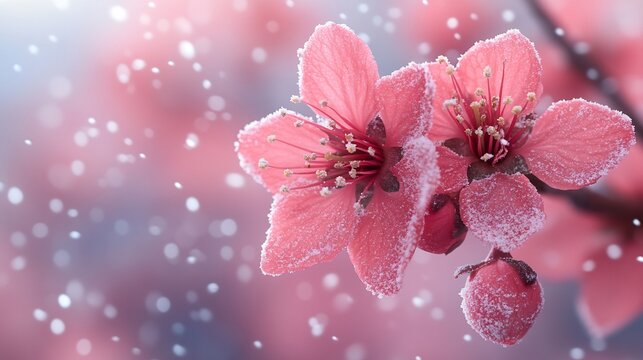 Picturesque spring blossom tree partially covered in snow with gentle snowfall creating a whimsical atmosphere offering a beautiful backdrop with space for your text or message