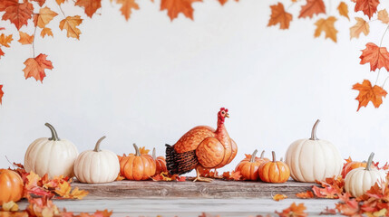 Thanksgiving is festive time featuring turkey on rustic wooden table, surrounded by pumpkins and vibrant autumn leaves, creating warm and inviting atmosphere