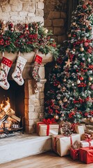 A cozy living room scene featuring a beautifully decorated Christmas tree, a warm fireplace, stockings, and wrapped gifts, evoking a festive atmosphere.