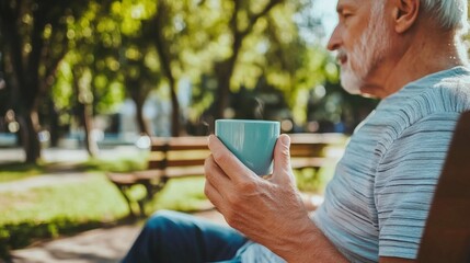 Middle-aged man with slight tremor holding cup of coffee on park bench, symbolizing struggle with Parkinson's disease, calm natural setting.