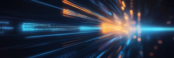 Abstract Tech Background, Blue and Orange Lights, Blur, Data Stream, Cybersecurity, Binary Code.
